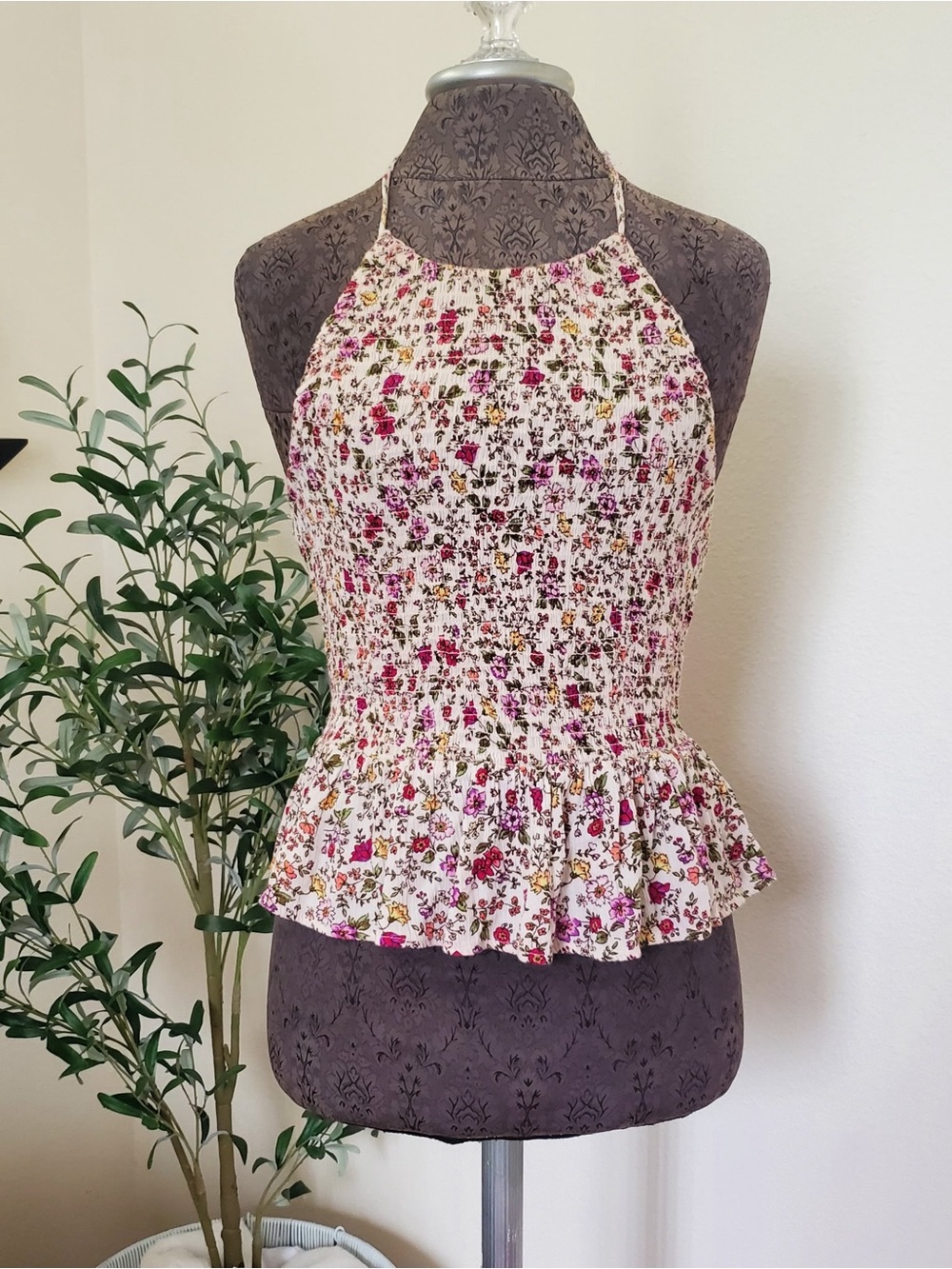 Patrons of Peace Pink and Cream Floral Smocked Halter Peplum Top